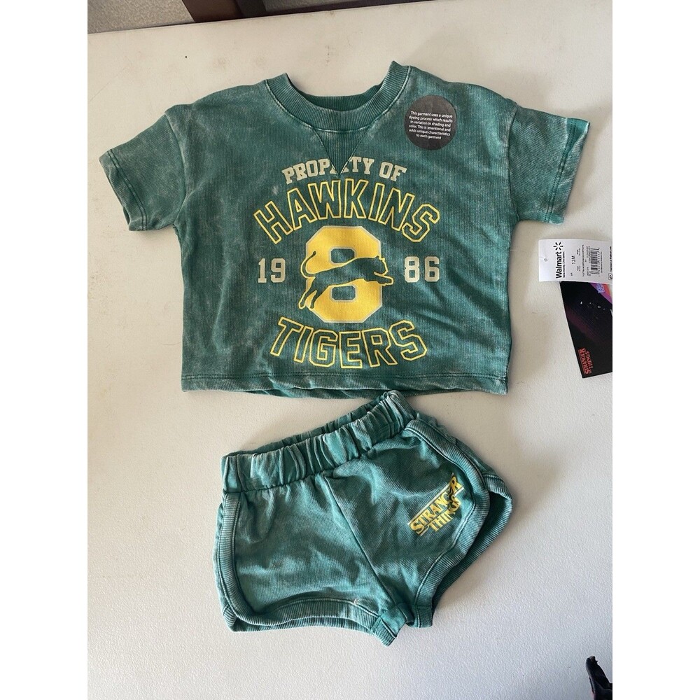 Stranger Things 12M Hawkins High Tigers Green Acid Wash Short Set 2pc NWT